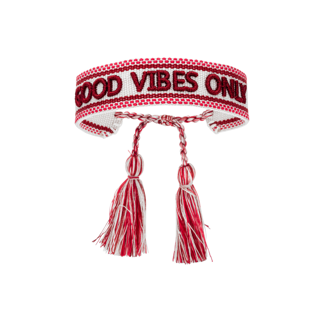 "GOOD VIBES ONLY" Statement Armband in creme/dunkelrot mit Quasten im Hippie Style von Josemma - kosmetikkaufen.shop